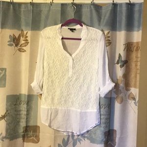 White half button down tunic w/ fun slit in back!